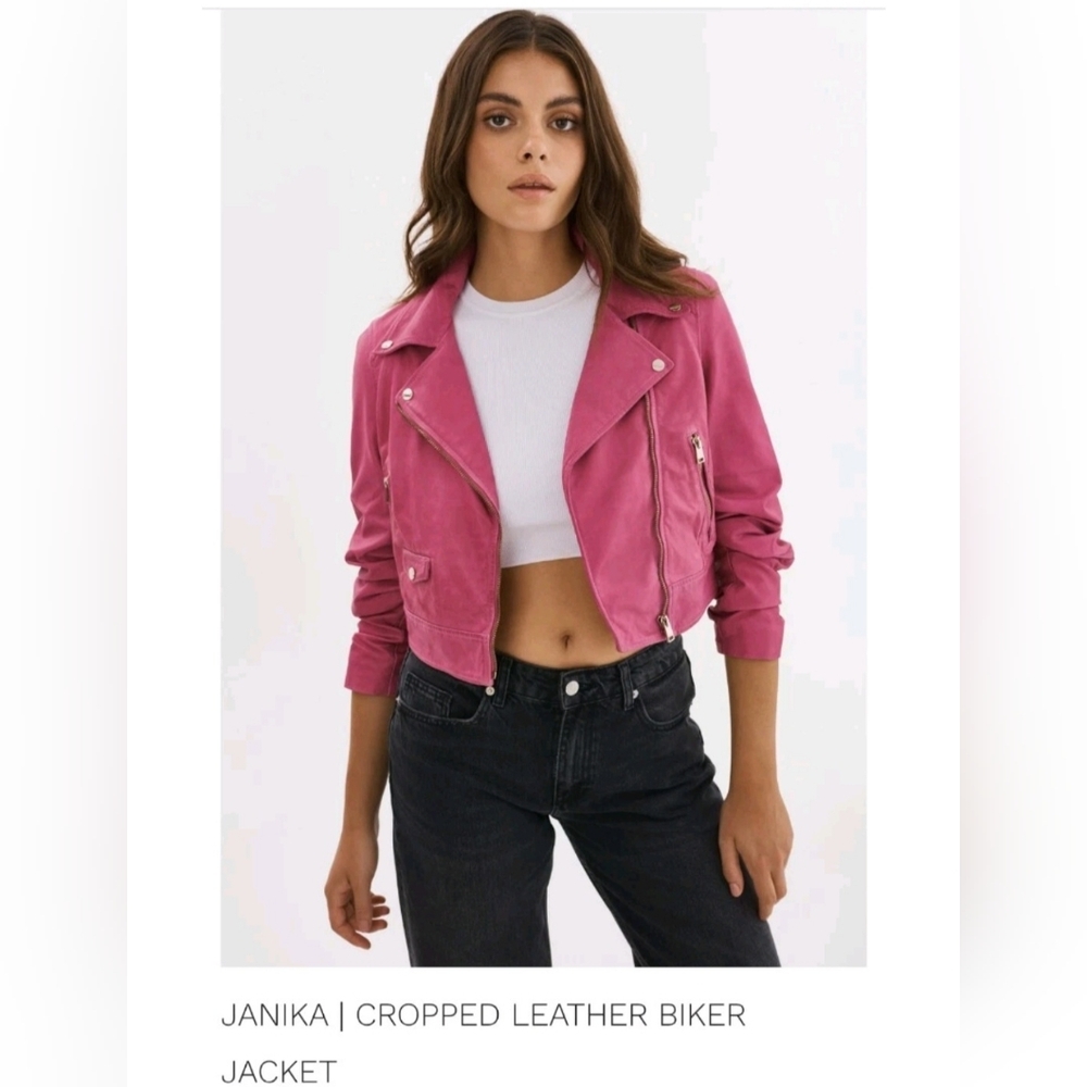LA MARQUE Janika Cropped Leather Biker Jacket Super Pink XL
